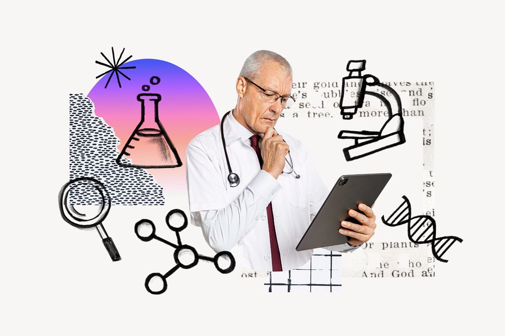 Scientist using tablet, science doodle remix, editable design