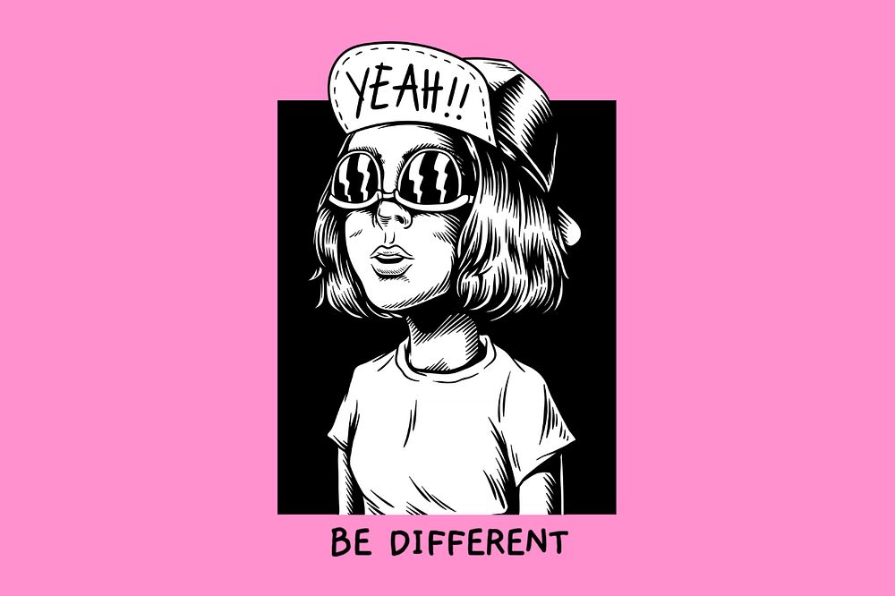 Be different text, retro cool girl illustration, editable design