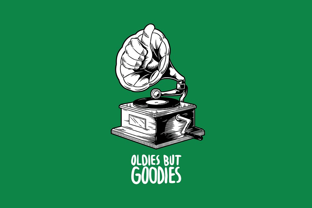 Vintage record player illustration, oldies but goodies text, editable design