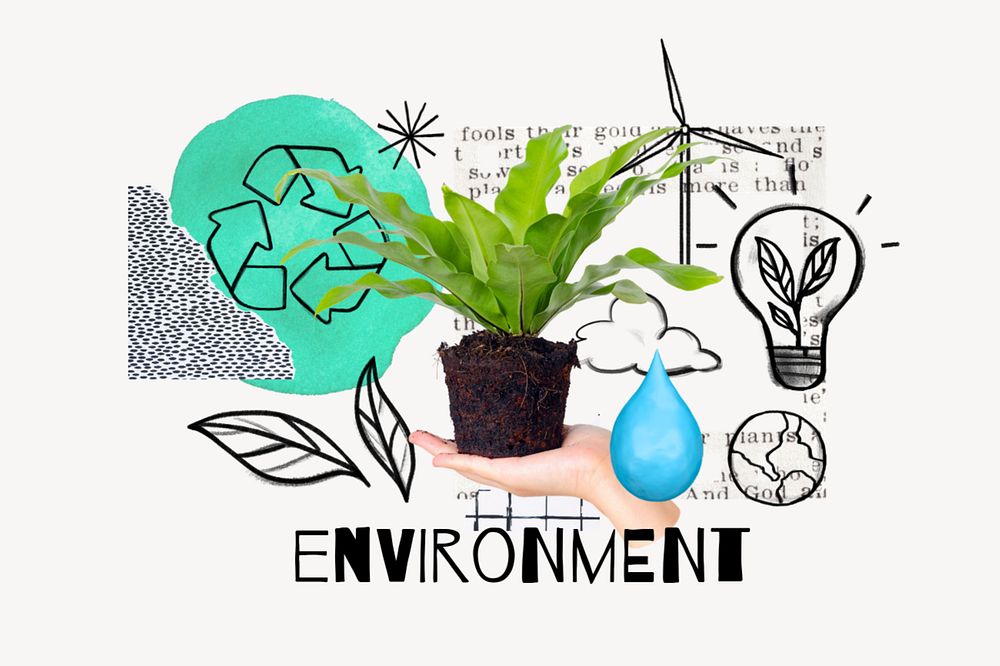 Hand presenting houseplant, environment doodle remix, editable design