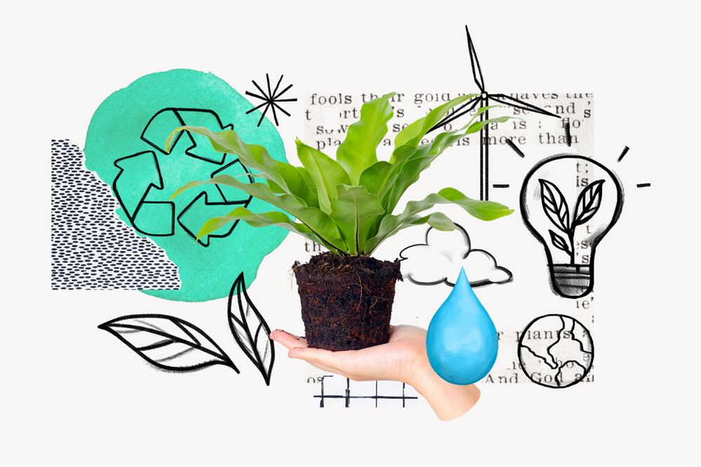 Hand presenting houseplant, environment doodle remix, editable design