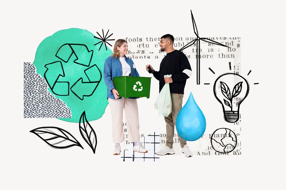 Volunteers collecting recyclable trash, environment doodle remix, editable design