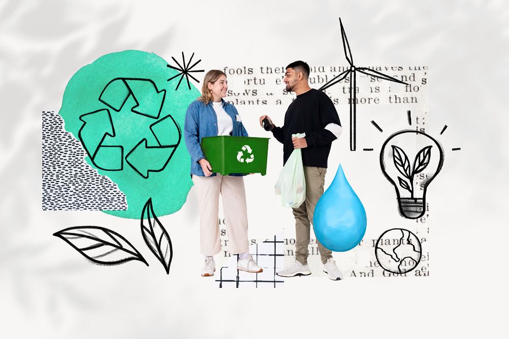 Volunteers collecting recyclable trash, environment doodle remix, editable design