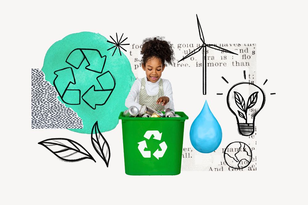 Girl recycling plastics, environment doodle remix, editable design