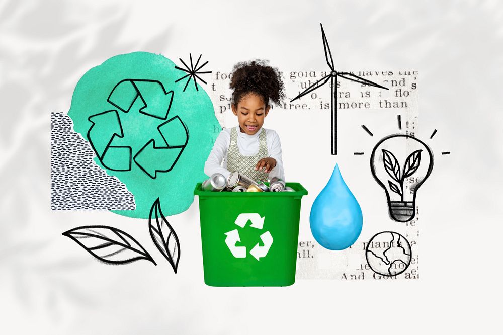 Girl recycling plastics, environment doodle remix, editable design