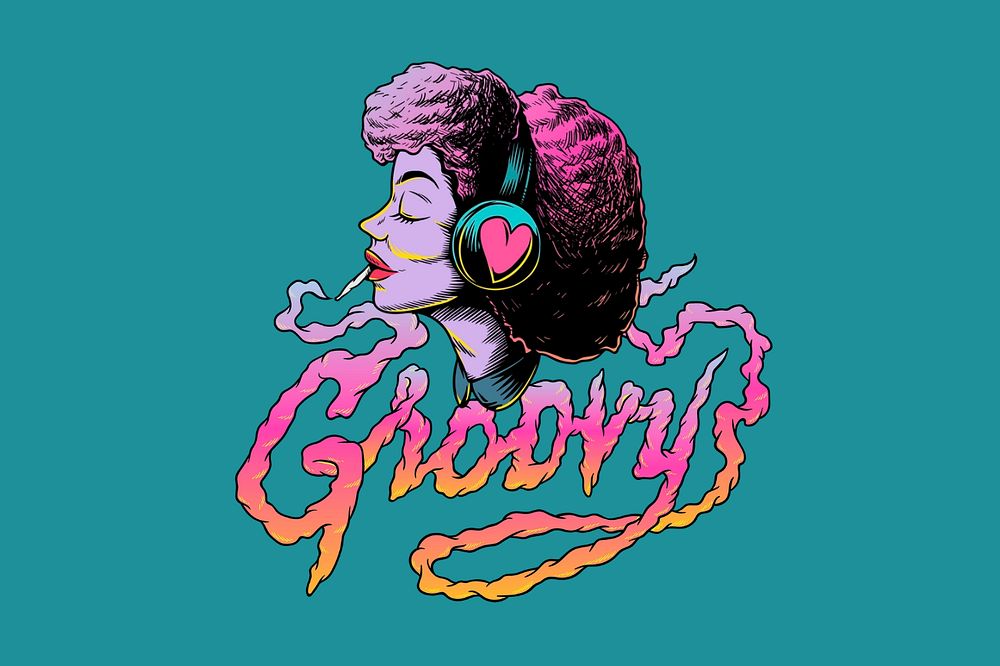 Groovy word, smoking retro girl illustration, editable design