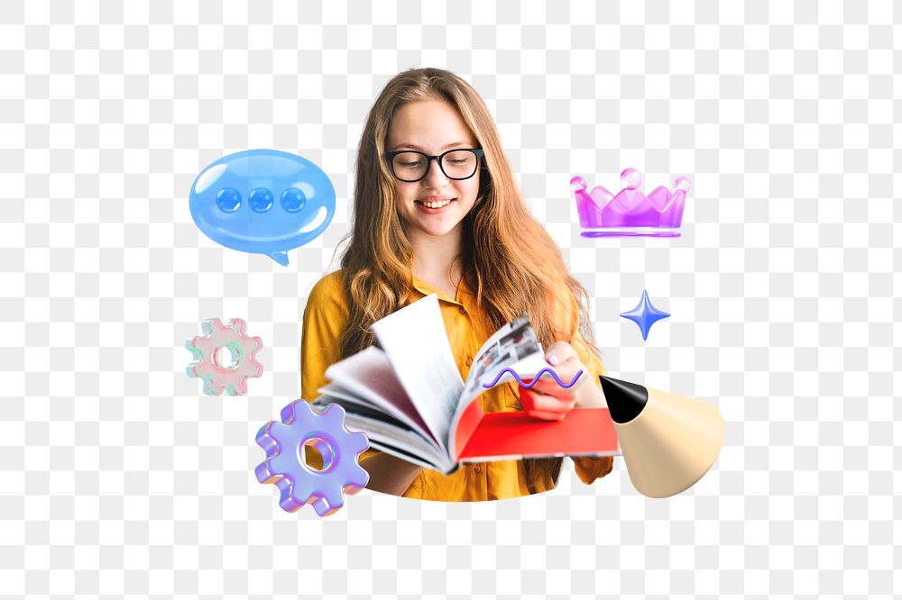 Girl reading book png, creative idea 3D remix