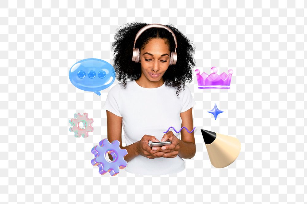 Texting woman png, social media remix