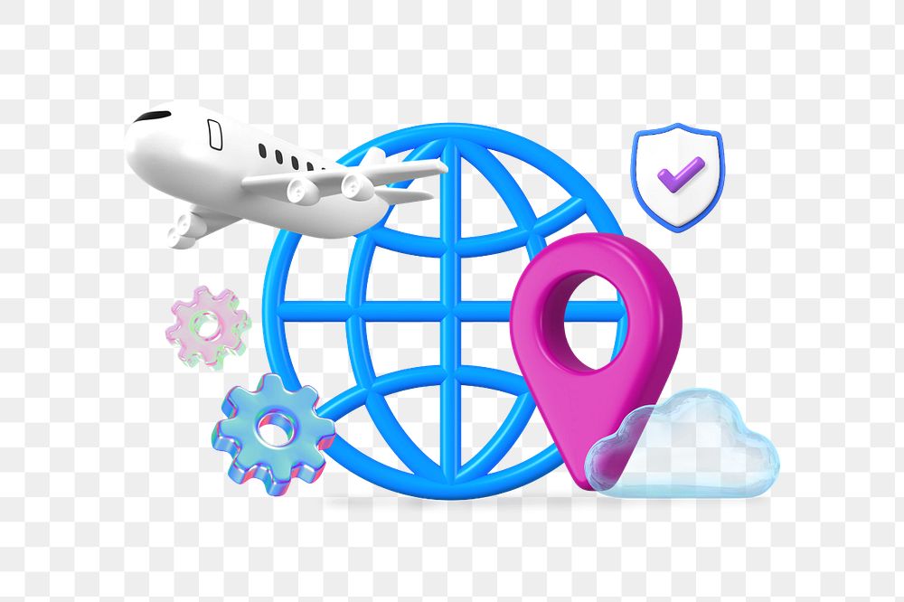 3D grid globe png, airplane transportation remix