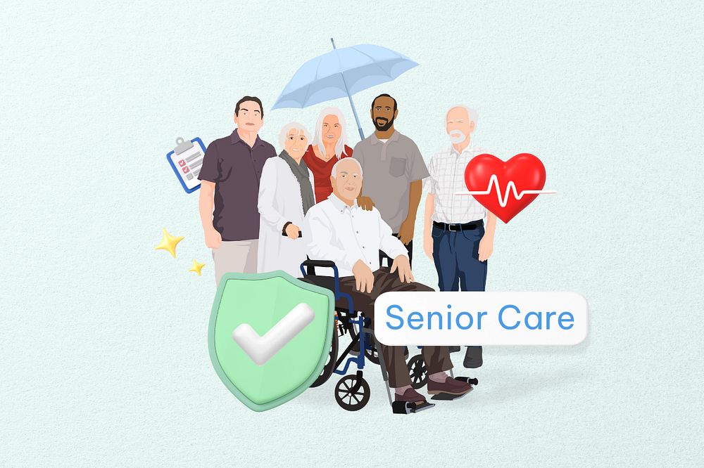 Senior care word, healthcare remix