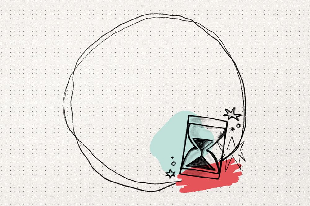 Editable time management, hourglass doodle collage remix