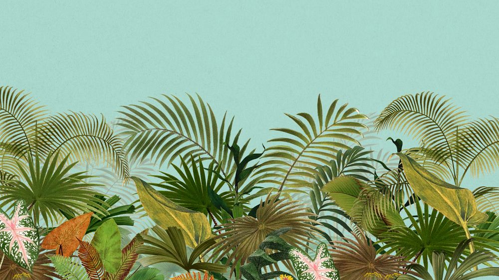 Tropical palm trees desktop wallpaper, botanical border background, editable design