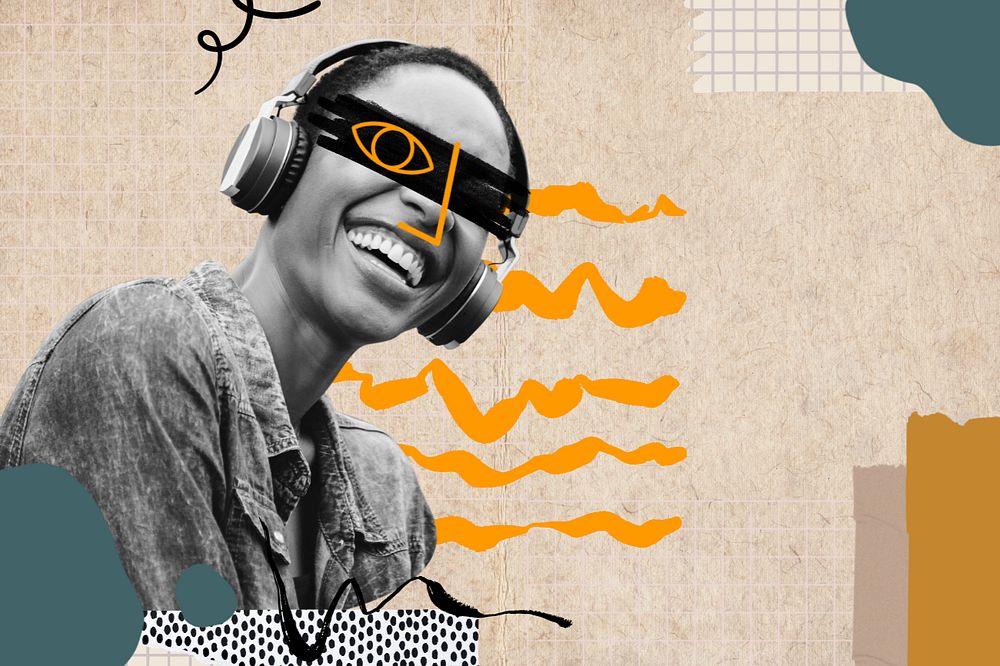 Woman listening to music, editable collage remix with copy space