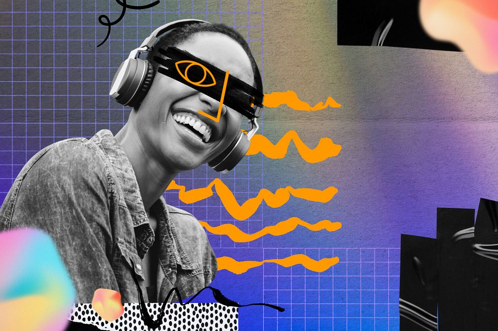 Woman listening to music, editable collage remix with copy space