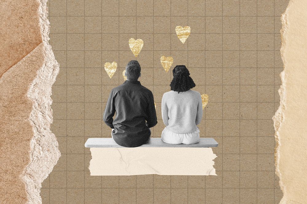 Couple aesthetic, man and woman sitting collage art, editable design