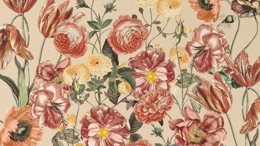 Feminine vintage floral computer wallpaper, pink flowers illustration, editable design