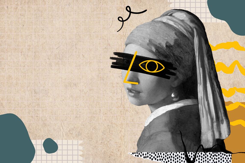 Girl with a pearl earring, editable collage remix with copy space. Famous artwork by Johannes Vermeer remixed by rawpixel.