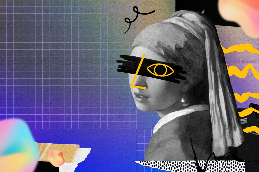 Girl with a pearl earring, editable collage remix with copy space. Famous artwork by Johannes Vermeer remixed by rawpixel.