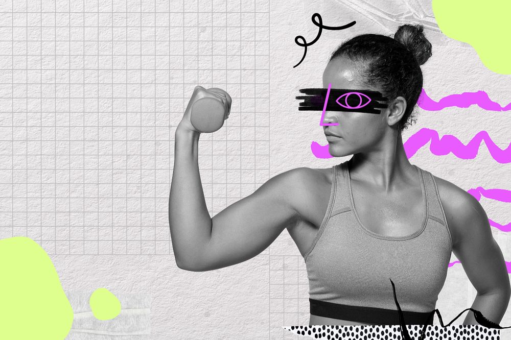 Strong & fit woman, fitness, editable collage remix with copy space
