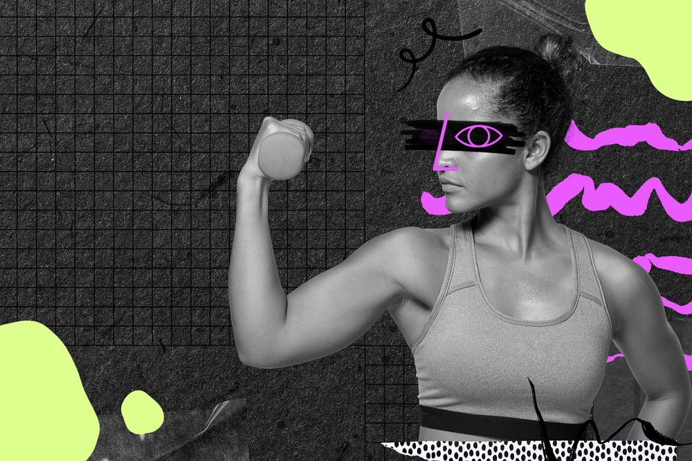 Strong & fit woman, fitness, editable collage remix with copy space