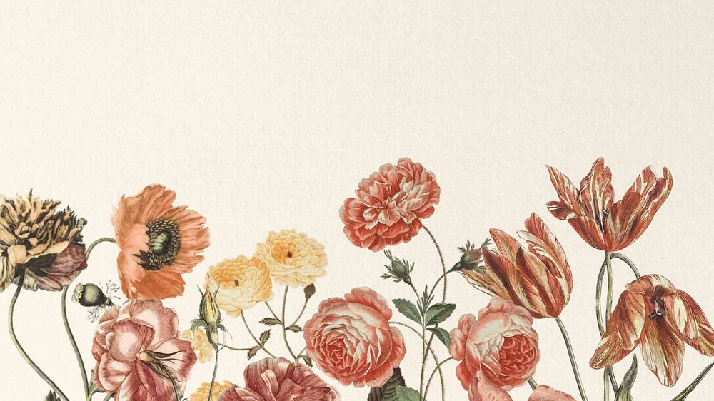 Feminine vintage floral computer wallpaper, pink flowers border, editable design