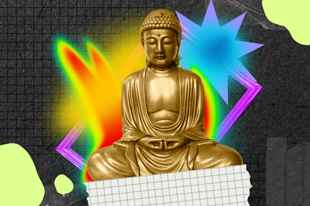 Meditating buddha collage art, colorful gradient shape tape, editable design