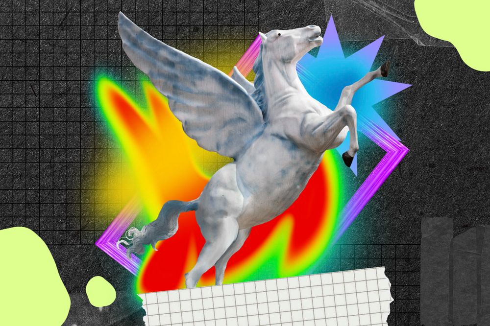 Pegasus collage art, colorful gradient shape tape, editable design