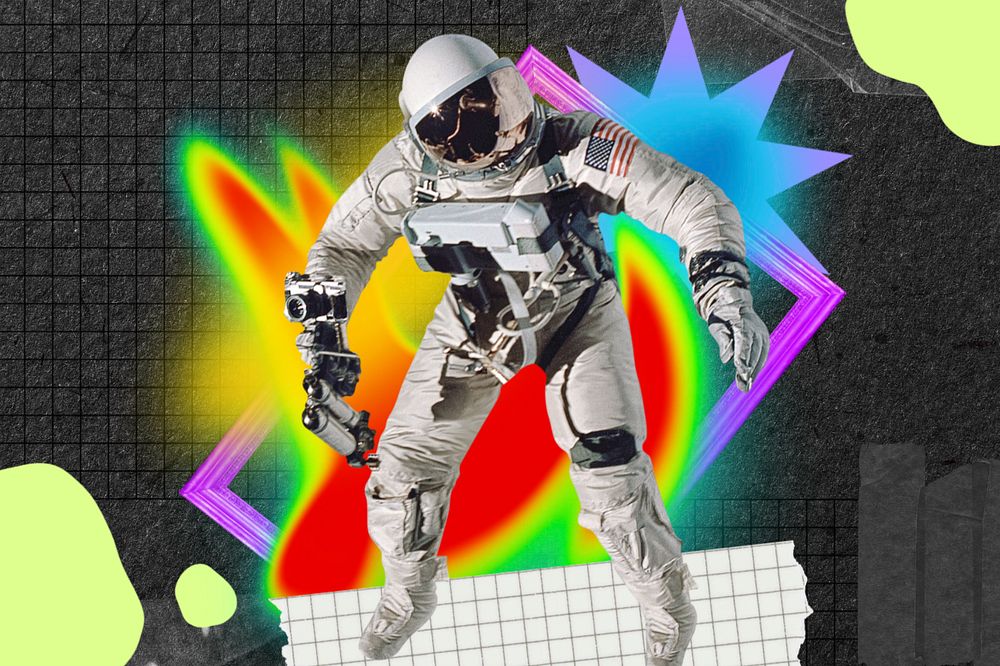 Astronaut collage art, colorful gradient shape tape, editable design