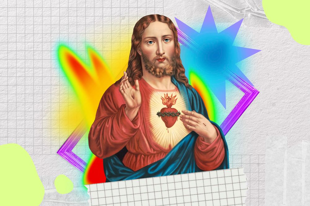 Jesus Christ collage art, colorful gradient shape tape, editable design