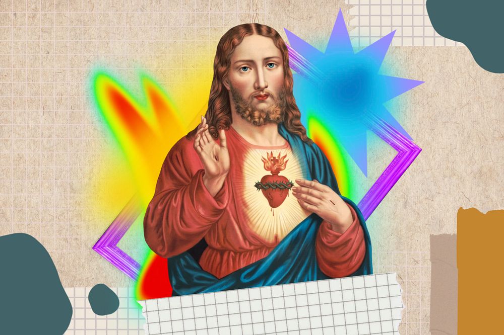 Jesus Christ collage art, colorful gradient shape tape, editable design