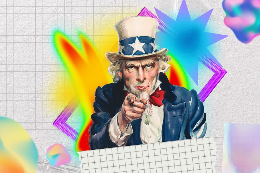 Uncle Sam collage art, colorful gradient shape tape, editable design