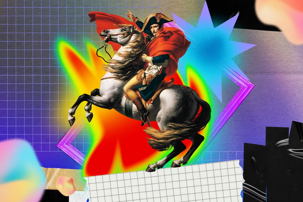 Knight riding horse collage art, colorful gradient shape tape, editable design