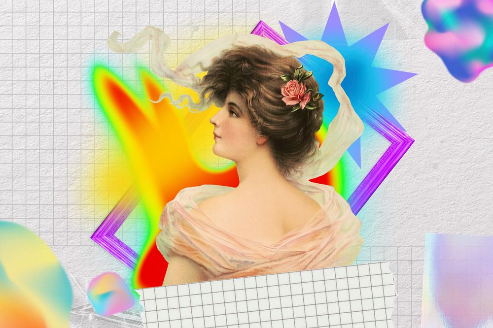 Beautiful lady collage art, colorful gradient shape tape, editable design