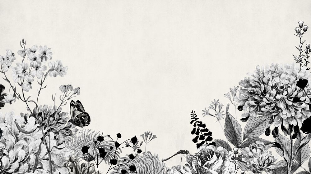 Vintage flower border mobile wallpaper, black and white botanical illustration, editable design