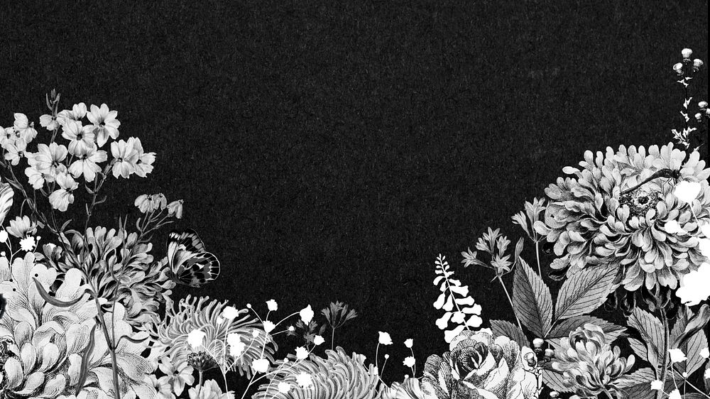 Vintage flower border mobile wallpaper, black and white botanical illustration, editable design