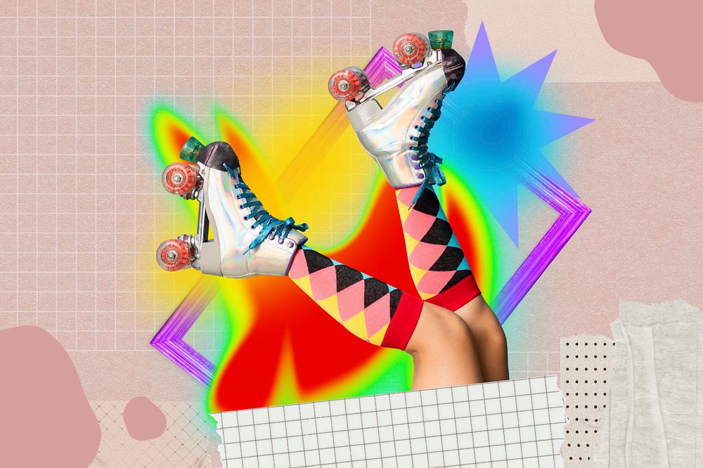 Roller skate collage art, colorful gradient shape tape, editable design