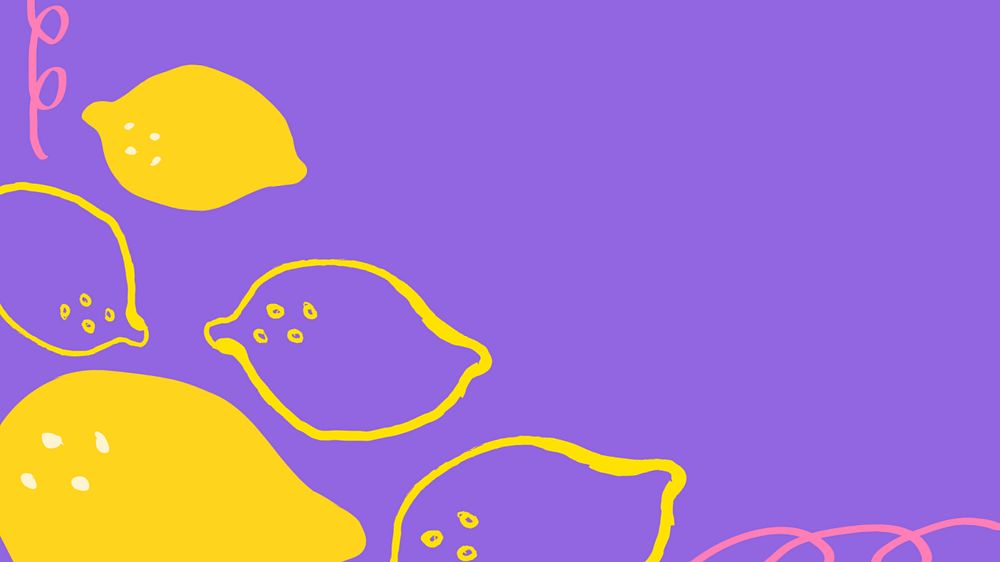 Cute lemon computer wallpaper, fruit border, purple background, editable design