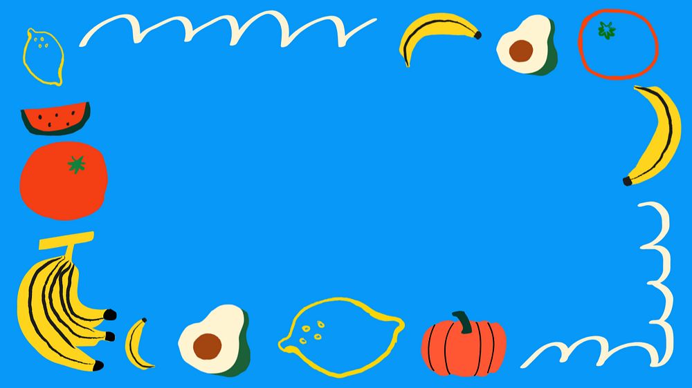 Fruits doodle frame desktop wallpaper, blue colorful design, editable design