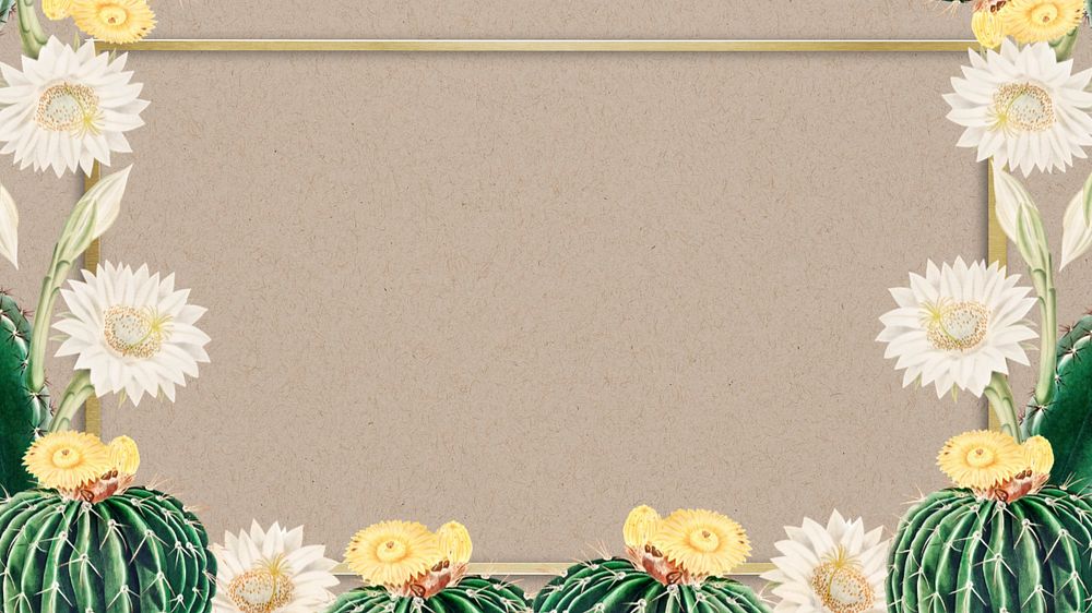 Cactus frame beige desktop wallpaper, editable design