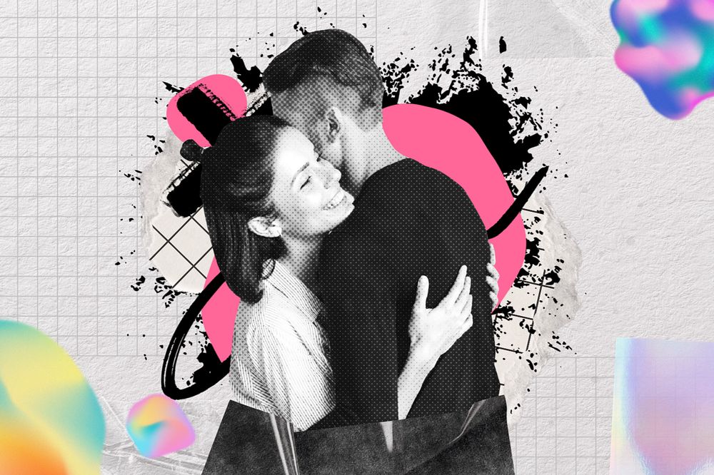 Couple hugging, urban street, editable design