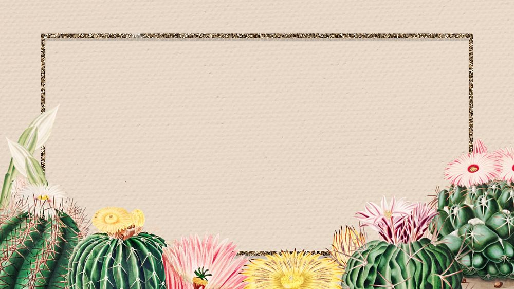 Cactus frame beige desktop wallpaper, editable design