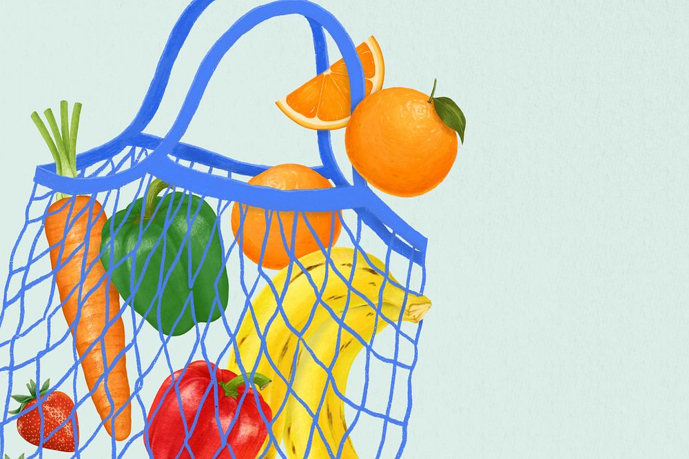 Fruit & vegetables background, grocery shopping bag illustration, editable design