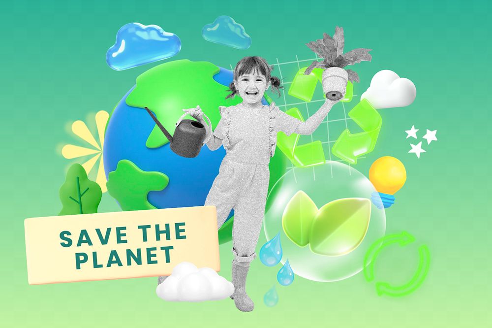 Save the planet, editable sustainability word, 3D remix