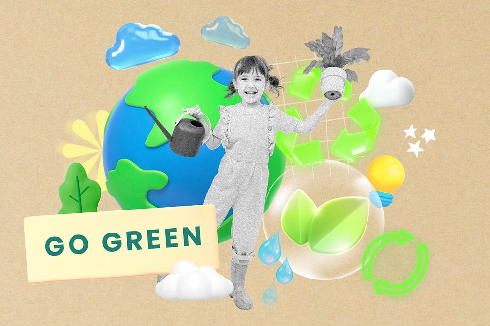 Go green, editable sustainability word, 3D remix
