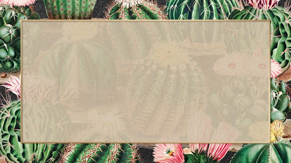 Cactus frame beige desktop wallpaper, editable design