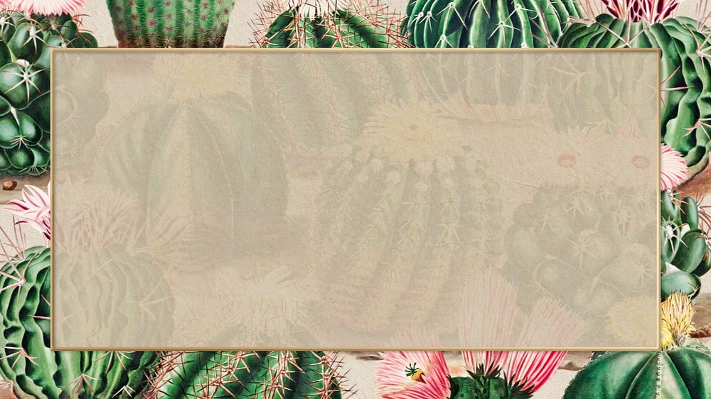 Cactus frame beige desktop wallpaper, editable design