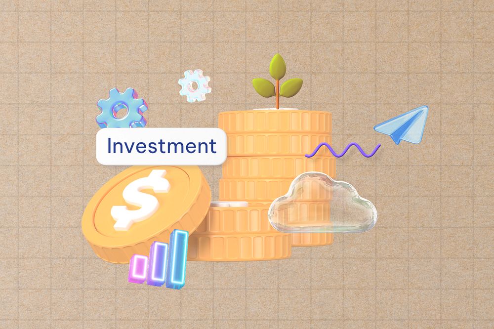 Investment word, 3D stacked coins, finance remix