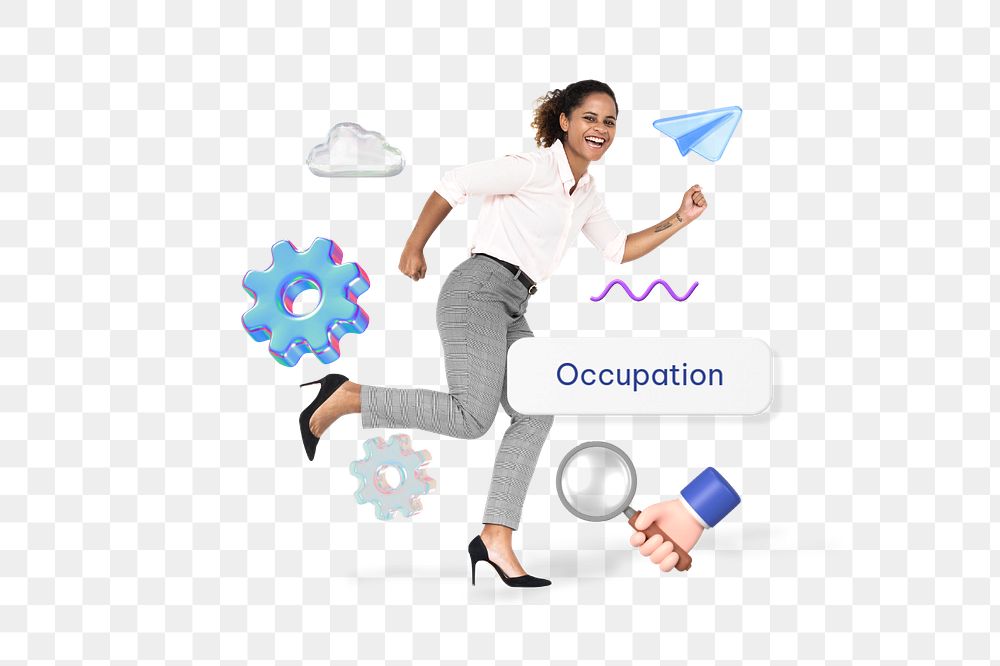 Occupation png word, running businesswoman remix