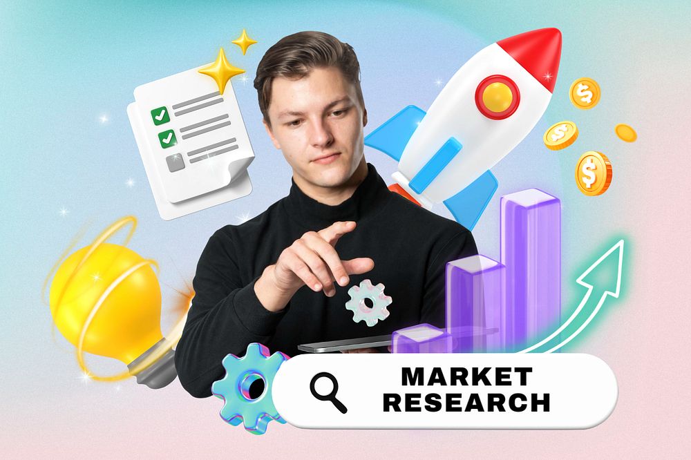 Market research, editable business word 3D remix