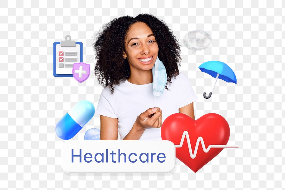 Healthcare word png, smiling woman, healthcare remix